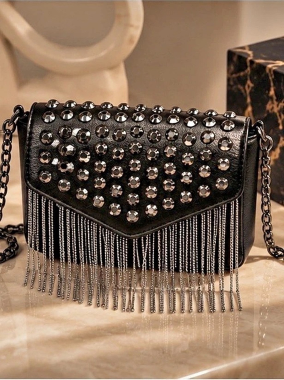 Luxe Noir Crystal Studded Fringe Crossbody Bag